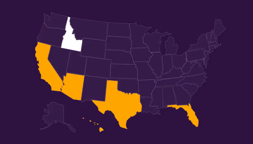 Map of the United States with Idaho in white and California, Arizona, Texas, and Florida highlighted in orange against a dark purple background.