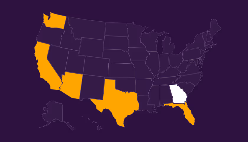Map of the United States with Washington, California, Arizona, New Mexico, Texas, and Florida highlighted in orange, and Georgia highlighted in white on a dark purple background.