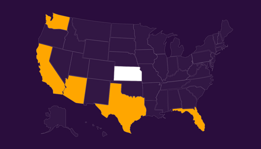 Map of the United States with Washington, California, Arizona, Texas, and Florida highlighted in orange, and Kansas highlighted in white.