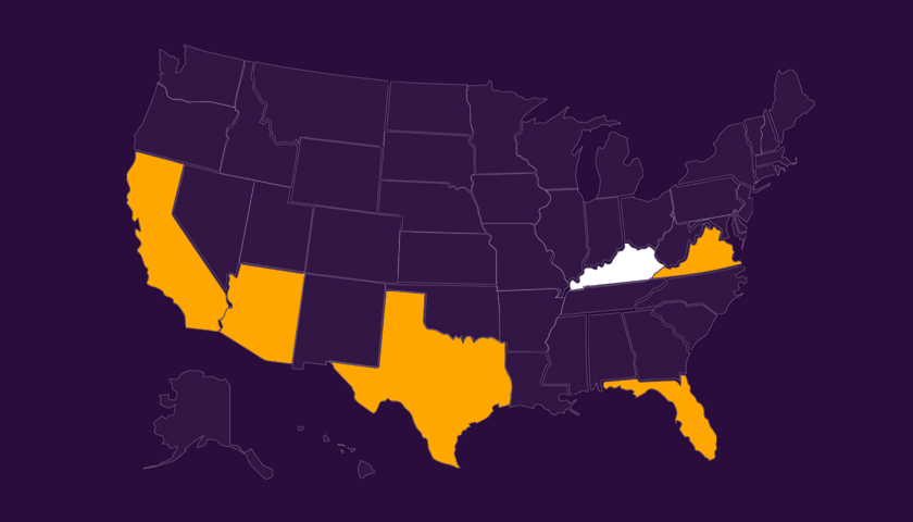 Map of the United States with California, Arizona, Texas, Florida, and Virginia highlighted in orange, and Kentucky highlighted in white.