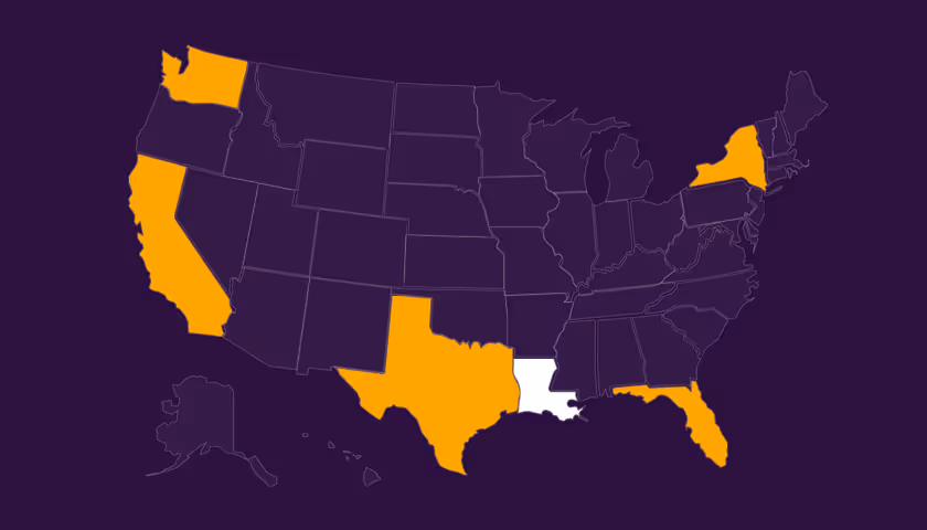 Map of the United States highlighting Louisiana in white and California, Texas, Florida, New York, and Washington in orange.