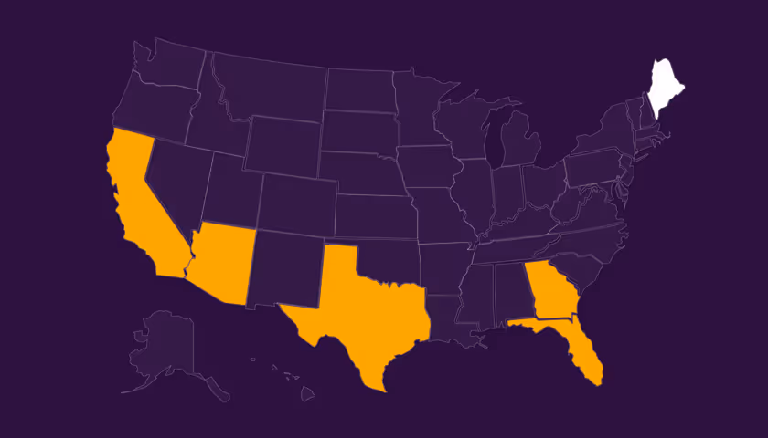 Map of the United States with California, Arizona, Texas, Florida highlighted in orange and Maine highlighted in white on a dark purple background.