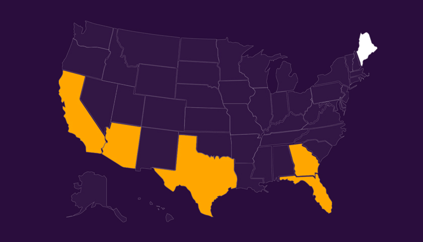 Map of the United States with California, Arizona, Texas, Florida highlighted in orange and Maine highlighted in white on a dark purple background.