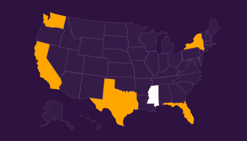 Map of the United States with California, Washington, Texas, Florida, and New York highlighted in orange and Mississippi highlighted in white on a dark purple background.