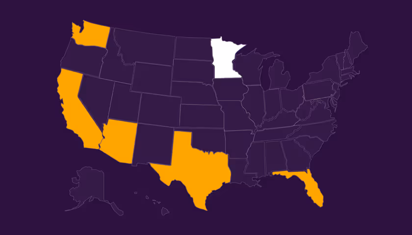 Map of the United States with California, Arizona, Washington, Texas, and Florida highlighted in orange, and Minnesota highlighted in white.