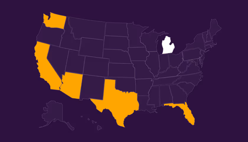 Map of the United States with California, Arizona, Texas, Florida, and Washington highlighted in orange, and Michigan highlighted in white.