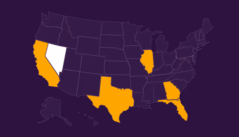U.S. map highlighting California, Illinois, Texas, and Florida in orange, and Nevada in white.