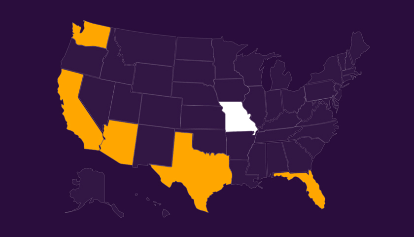 Map of the United States with the state of Missouri highlighted in white and California, Arizona, Texas, Florida, and Washington highlighted in orange on a dark purple background.