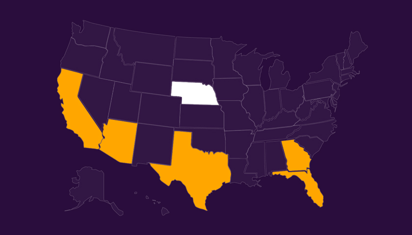 Map of the United States with California, Arizona, Texas, Georgia, and Florida highlighted in orange and Nebraska highlighted in white on a dark purple background.