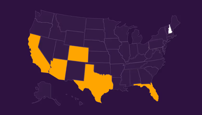 Map of the United States with California, Arizona, Colorado, New Mexico, Texas, Florida, and New Hampshire highlighted in orange and white.