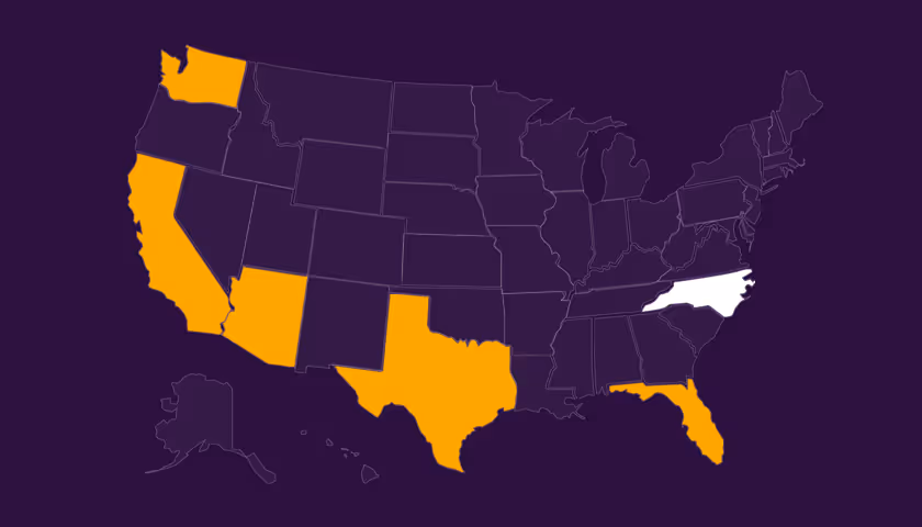 Map of the United States with California, Arizona, Texas, Florida, and Washington highlighted in orange and North Carolina highlighted in white.