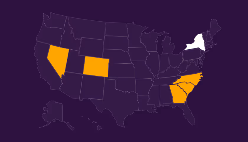 Map of the United States with New York highlighted in white and Nevada, Colorado, North Carolina, South Carolina, and Georgia highlighted in orange on a dark purple background.