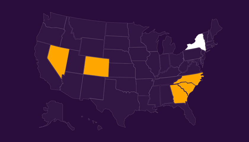 Map of the United States with New York highlighted in white and Nevada, Colorado, North Carolina, South Carolina, and Georgia highlighted in orange on a dark purple background.