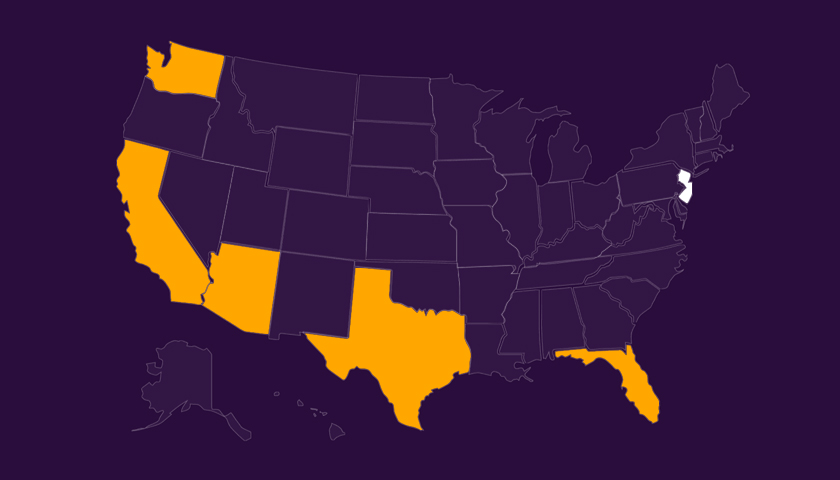 Map of the United States with California, Texas, Arizona, Florida, and Washington highlighted in orange and New Jersey in white.