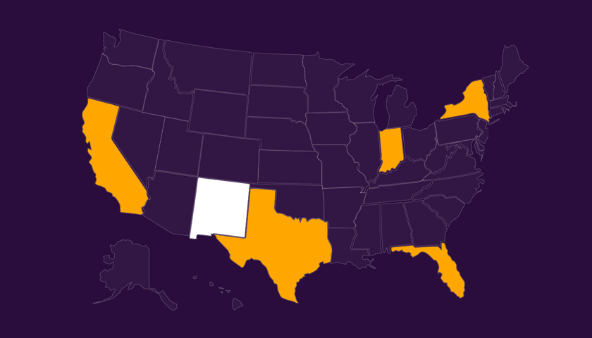 Map of the United States highlighting New Mexico in white and California, Texas, Florida, Indiana, and New York in orange on a dark purple background.