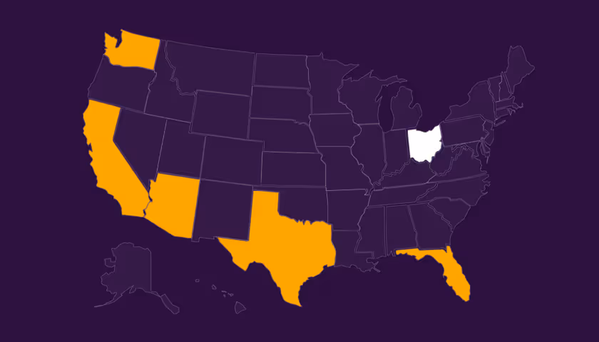 Map of the United States with Ohio highlighted in white and Washington, California, Arizona, Texas, and Florida highlighted in orange.