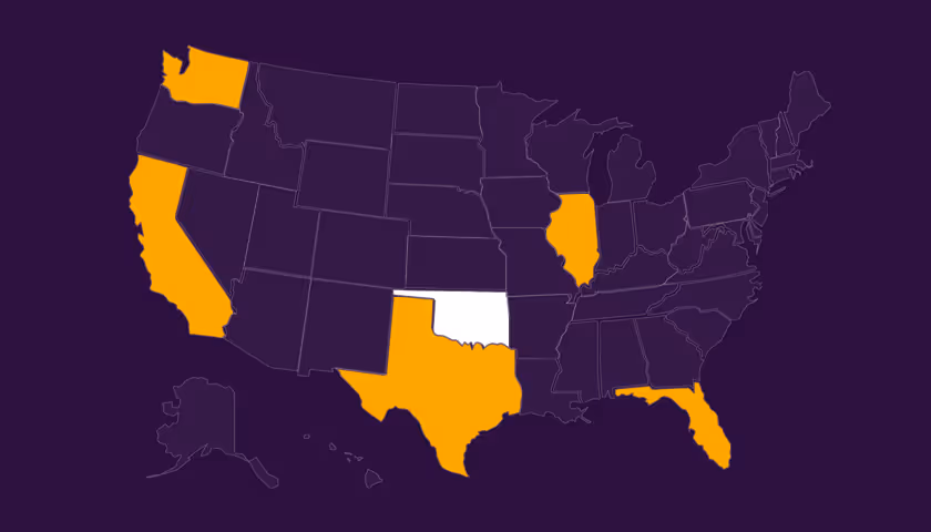 Map of the United States with California, Texas, Florida, Illinois, and Washington highlighted in orange, and Oklahoma left white.