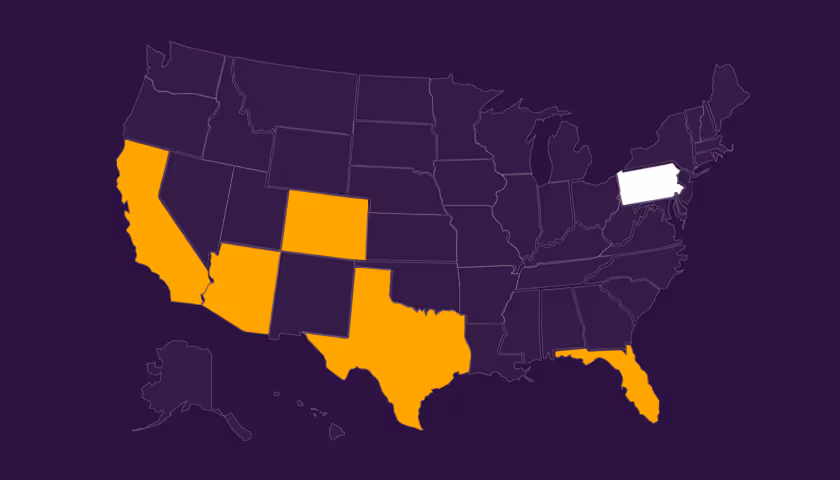 Map of the United States with California, Arizona, Colorado, Texas, Florida highlighted in orange, and Pennsylvania highlighted in white.