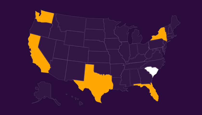 Map of the United States with California, Texas, Florida, New York, and Washington highlighted in orange, and South Carolina highlighted in white.