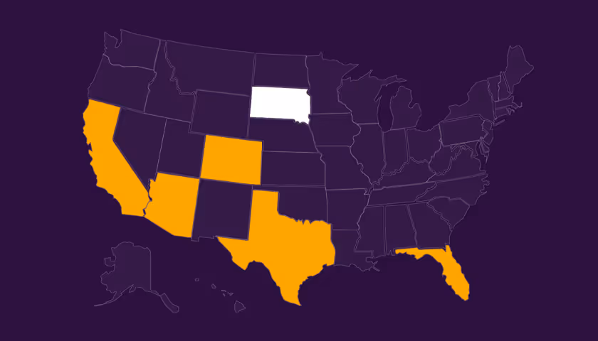 Map of the United States with California, Arizona, Colorado, Texas, and Florida highlighted in orange, and South Dakota highlighted in white, on a dark purple background.