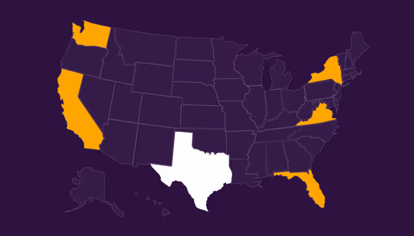 Map of the United States with Texas highlighted in white and California, Florida, New York, Virginia, and Washington highlighted in orange on a dark purple background.