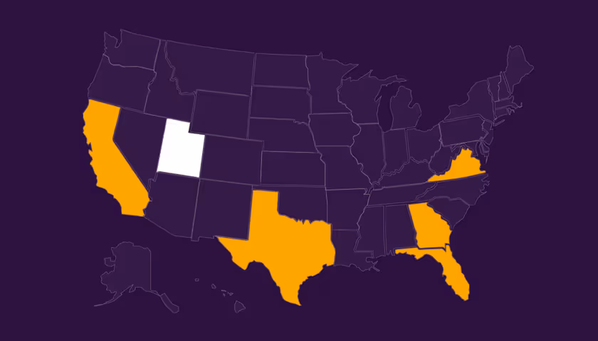 Map of the United States with California, Texas, Florida, Alabama, and Virginia highlighted in orange and Utah highlighted in white.