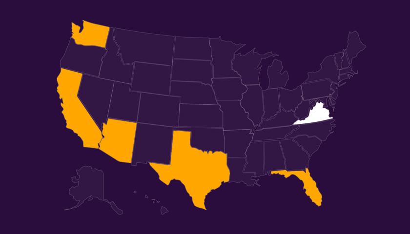 Map of the United States with the states California, Arizona, Texas, Florida, and Washington highlighted in orange and Virginia highlighted in white.