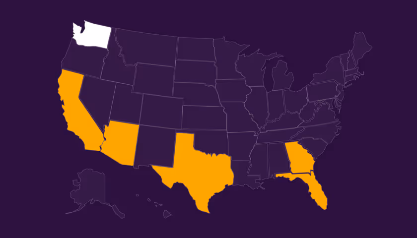 Map of the United States with California, Arizona, Texas, Florida, and Georgia highlighted in orange and Washington state in white.