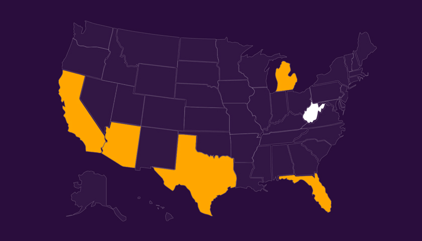 Map of the United States with West Virginia highlighted in white and California, Arizona, Texas, Michigan, and Florida in orange on a dark purple background.