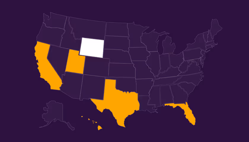 Map of the United States with California, Colorado, Texas, Florida, and Hawaii highlighted in orange, and Wyoming highlighted in white.