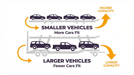 Diagram showing smaller vehicles fitting more cars with higher capacity and larger vehicles fitting fewer cars with lower capacity.