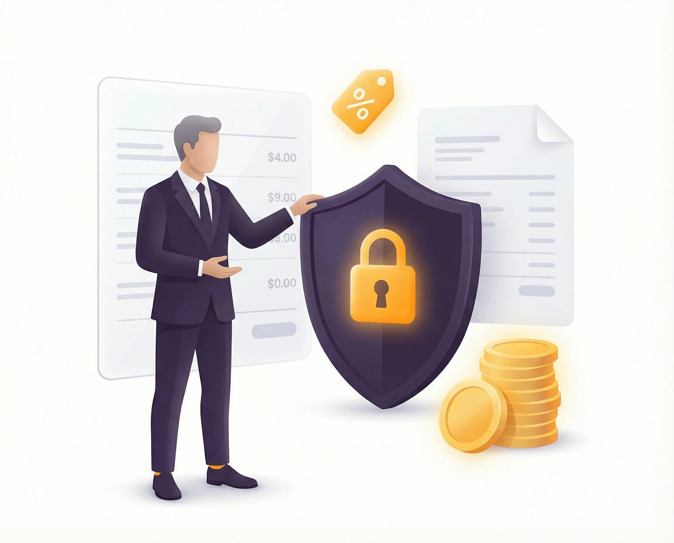 Illustrated businessman presenting a security shield with a lock, representing price transparency and vehicle insurance during transport
Detailed Description: A 3D-style illustration featuring a suited professional holding a shield with a padlock, accompanied by price tags, documents, and gold coins. Used to visually communicate Rivalane's commitment to transparent pricing and cargo insurance coverage during vehicle transport.