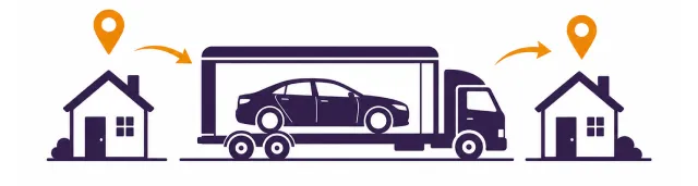 Illustration of two houses connected by a car carrier truck, representing door-to-door vehicle pickup and delivery