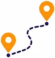 Route icon with two location pins connected by a dashed line, representing a long distance move