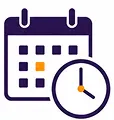 Calendar icon with a clock, representing a busy schedule