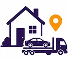 House icon next to a car carrier truck with a location pin, representing home pickup service