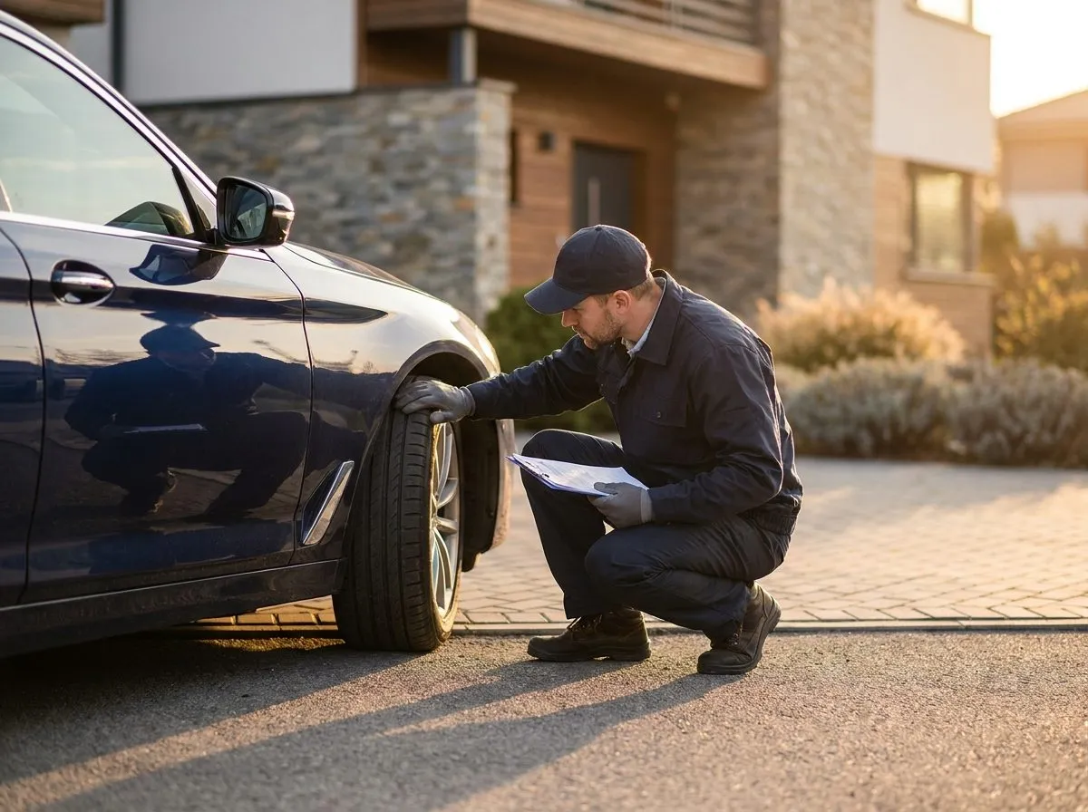 Auto transport driver inspecting a vehicle's tire and wheel during a White Glove pickup at a private residence