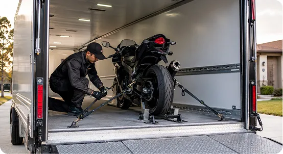 Transport professional securing a motorcycle with tie-down straps inside an enclosed trailer.