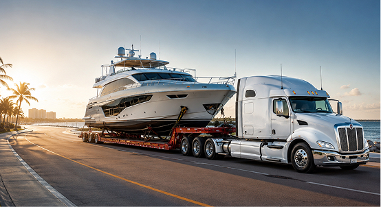 A white yacht secured on a flatbed trailer and towed by a semi-truck along a coastal road.