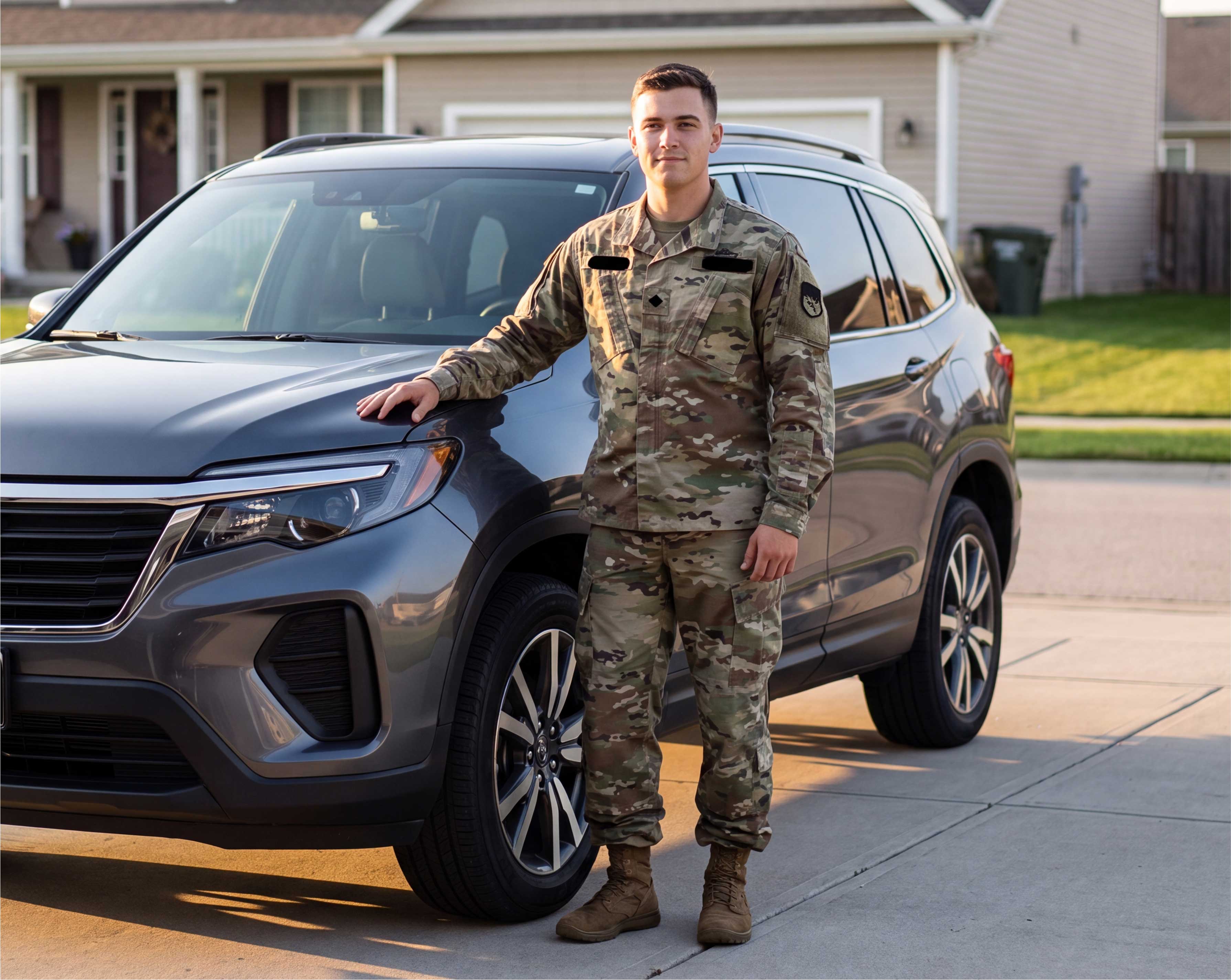 Service member in uniform, eligible for Rivalane's military car shipping discount.