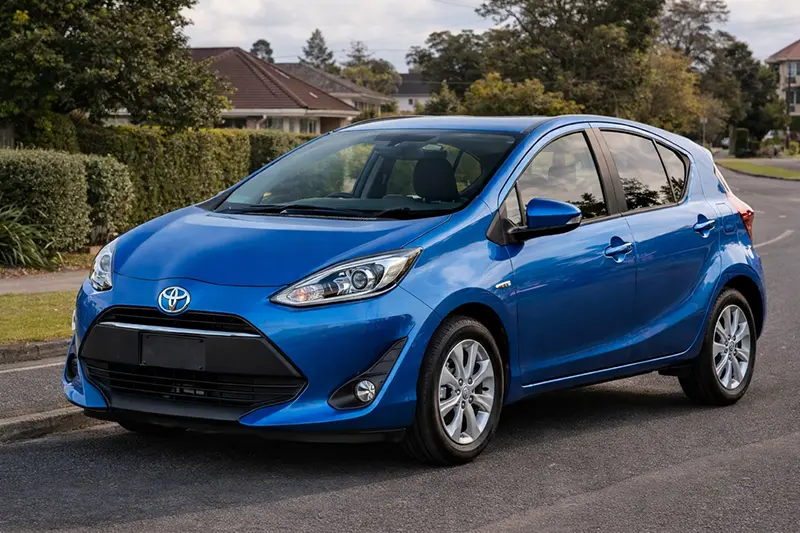 Blue Toyota Aqua compact car parked on a residential street with greenery and houses in the background.