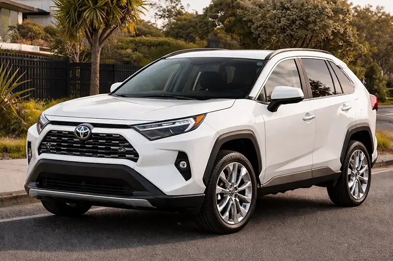 White Toyota RAV4 parked on a street near greenery with modern headlight design and chrome alloy wheels.