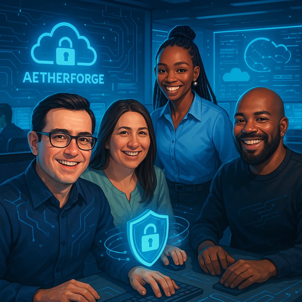 Individuals smiling with imagers of padlocks and internet clouds