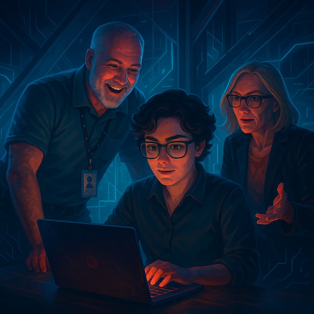 Three individuals around a laptop with computer code imagery behind them