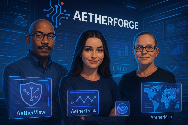 Three individuals looking forward with AetherForge applications images in front of them