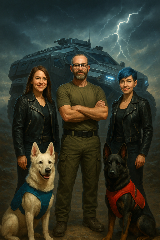 Three people standing with two dogs at their side