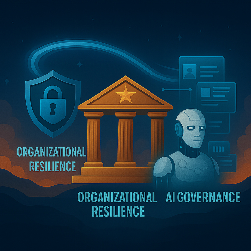 Image of a padlock on a shield to represent cybersecurity, 3 column monument for resilience, and a robot for AI