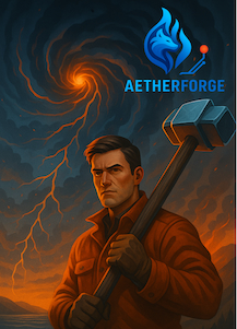 A man in a electrical storm wielding a hammer and the AetherForge logo in the top right corner