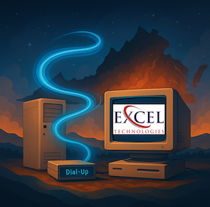 Excel logo on an old monitor with a computer tower and a dial up modem