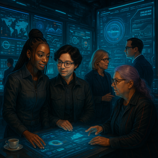 Individuals in a command centered with computer imagery around them